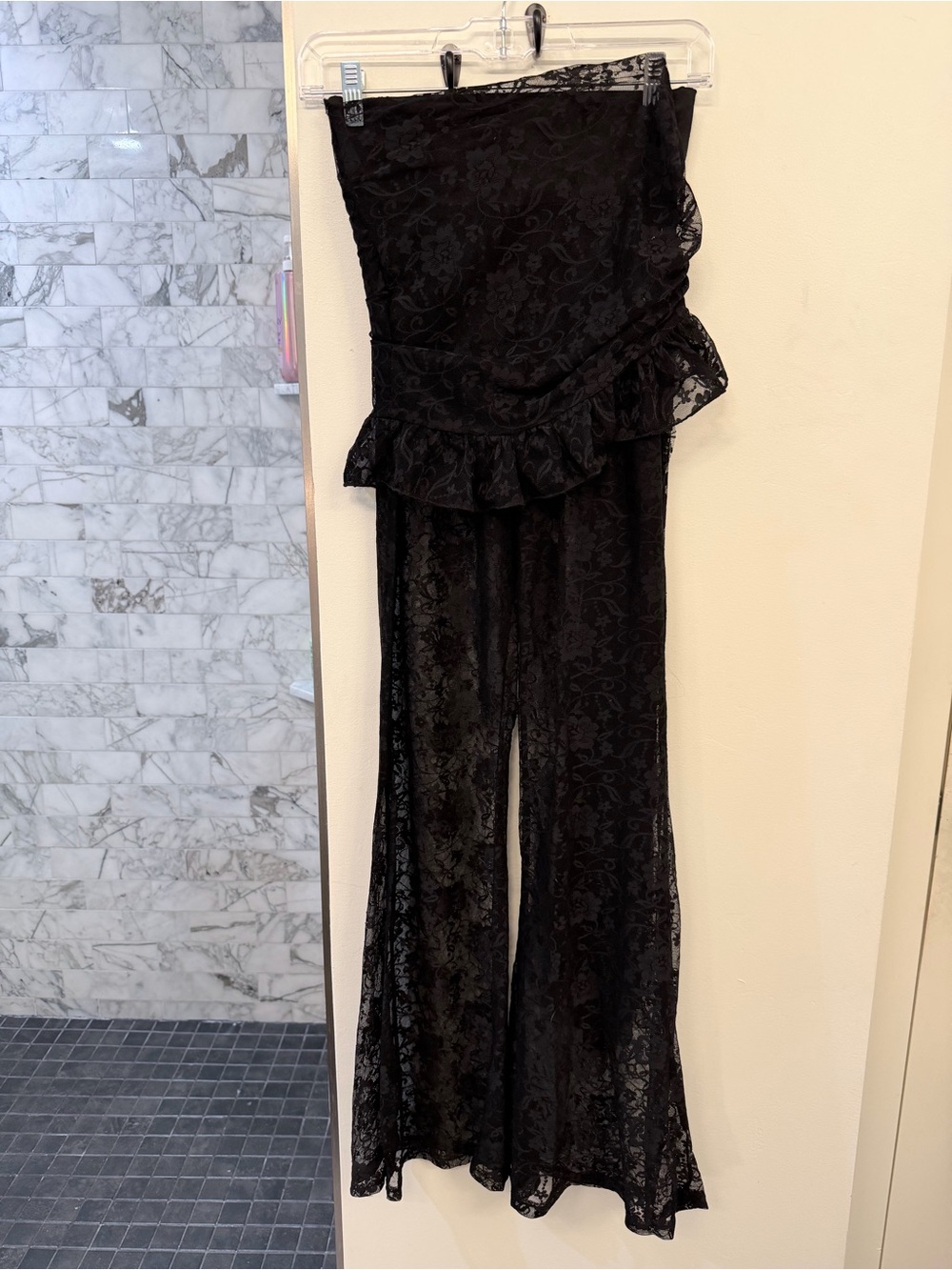 Black Lace Flared Pants with Ruffled, Side-tie Attached Skirt